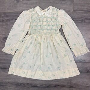 Vintage Polly Flinders Hand Smocked Dress 6X Blue Floral Lace Collar Cottagecore